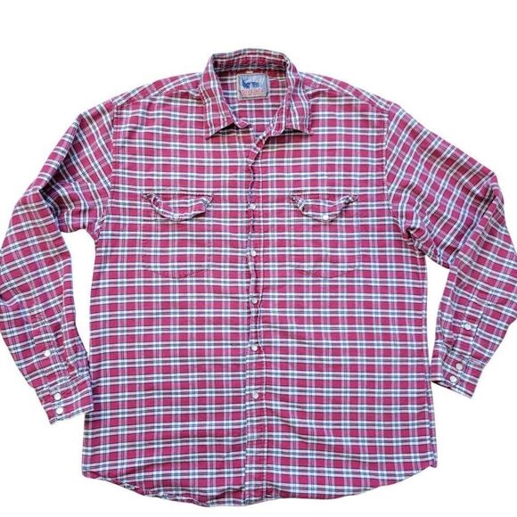 Red Lodge Trading Co Pearl Snap Shirt Mens Large Pink Blue Long Sleeve Button Up - Picture 1 of 8